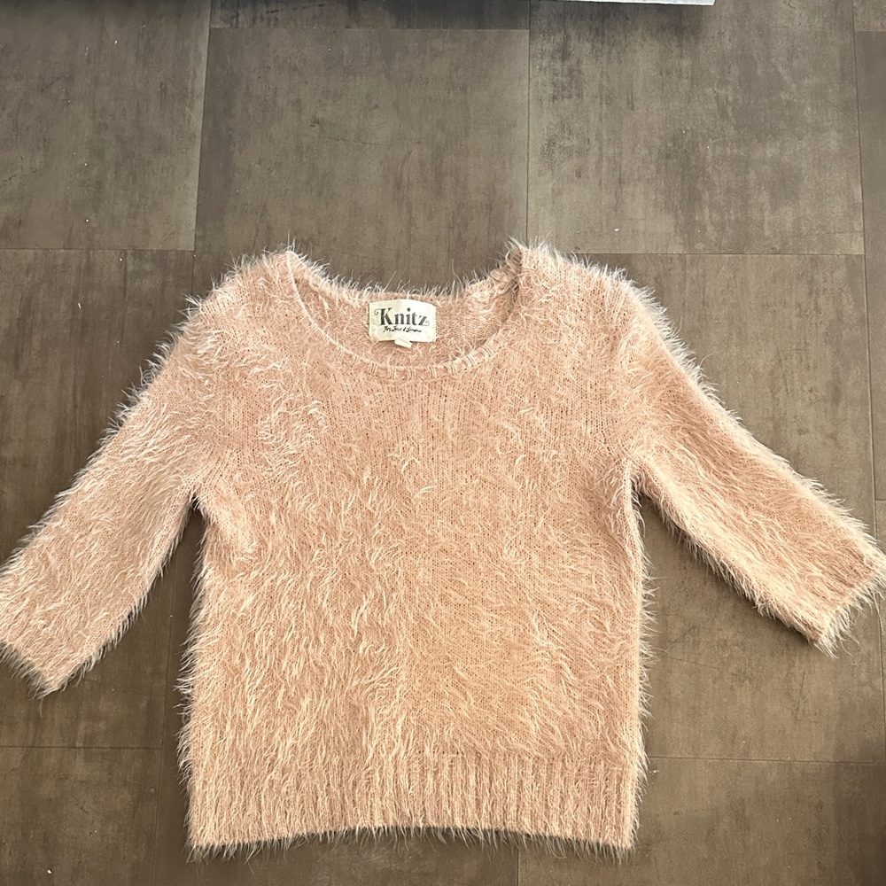 For Love And Lemons Fuzzy Eyelash Scoop Neck Sweater in Blush Pink